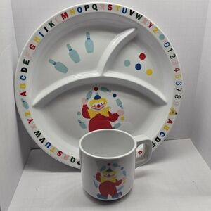 Vintage Melamine Ware Child’s Divided Plate Alphabet Clown Scene & Mug